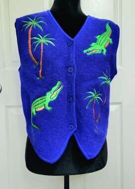 Jett Wear Blue Boiled Wool Vest Medium Embroidered Alligator Gators Palm Trees